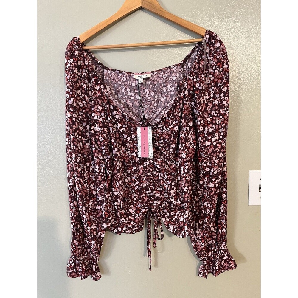 Andre By Unit Womens Floral Ballon Sleeve Boho Crop Top L NWT